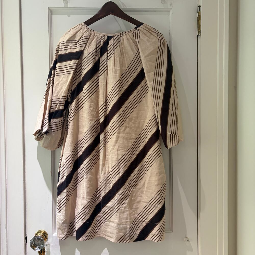 Karlie Juliet Stripe Puff Sleeve Button Dress Size Medium Tan and Brown Stripes - Picture 9 of 11